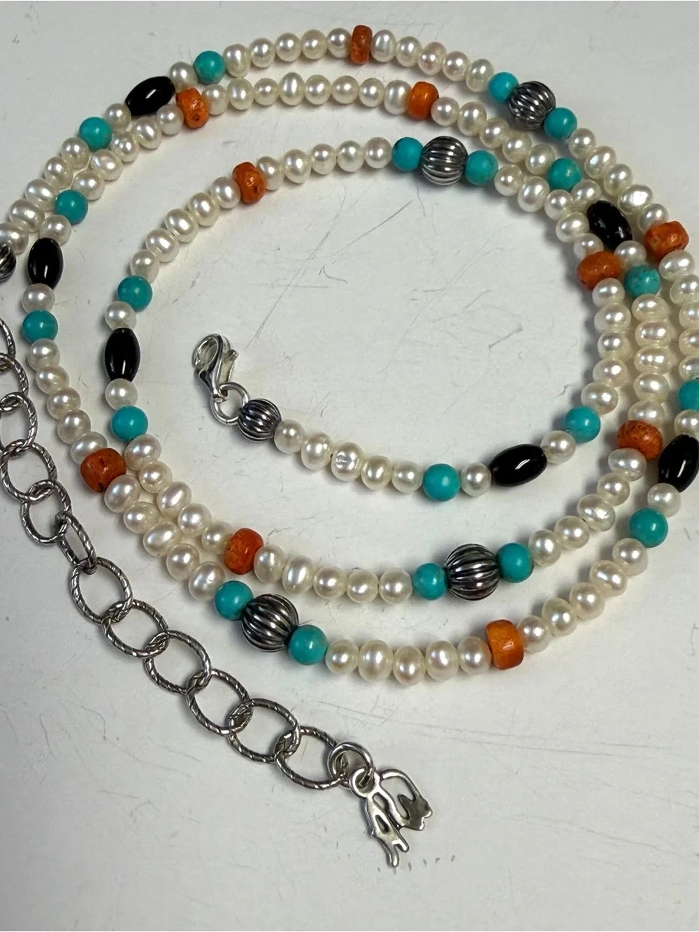 Vintage Carolyn Pollack Sterling Silver Pearl and Multi Stone Necklace - Picture 3 of 10